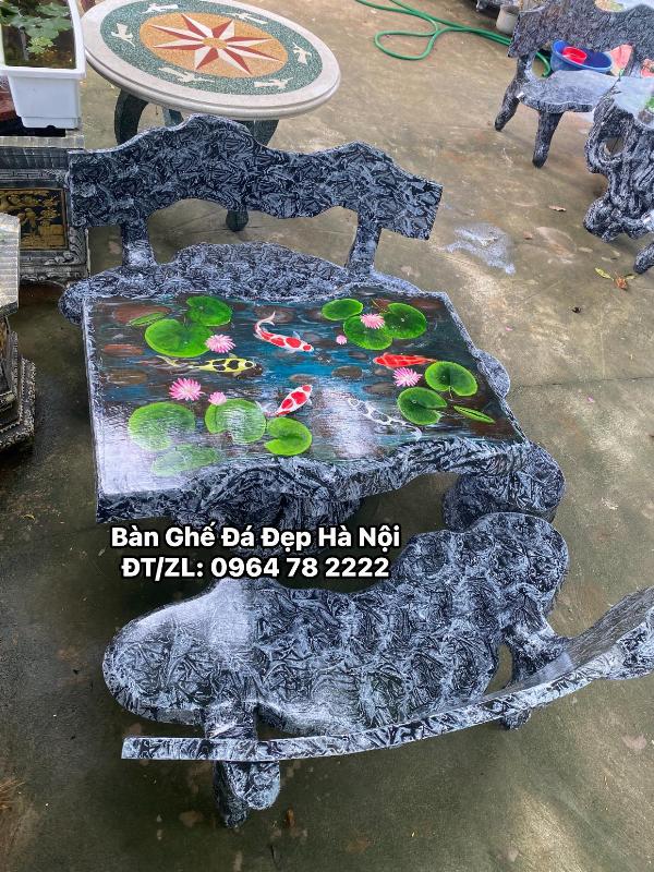 Bộ Bàn Ghế Vân Đá Vẽ 3D Cá Koi